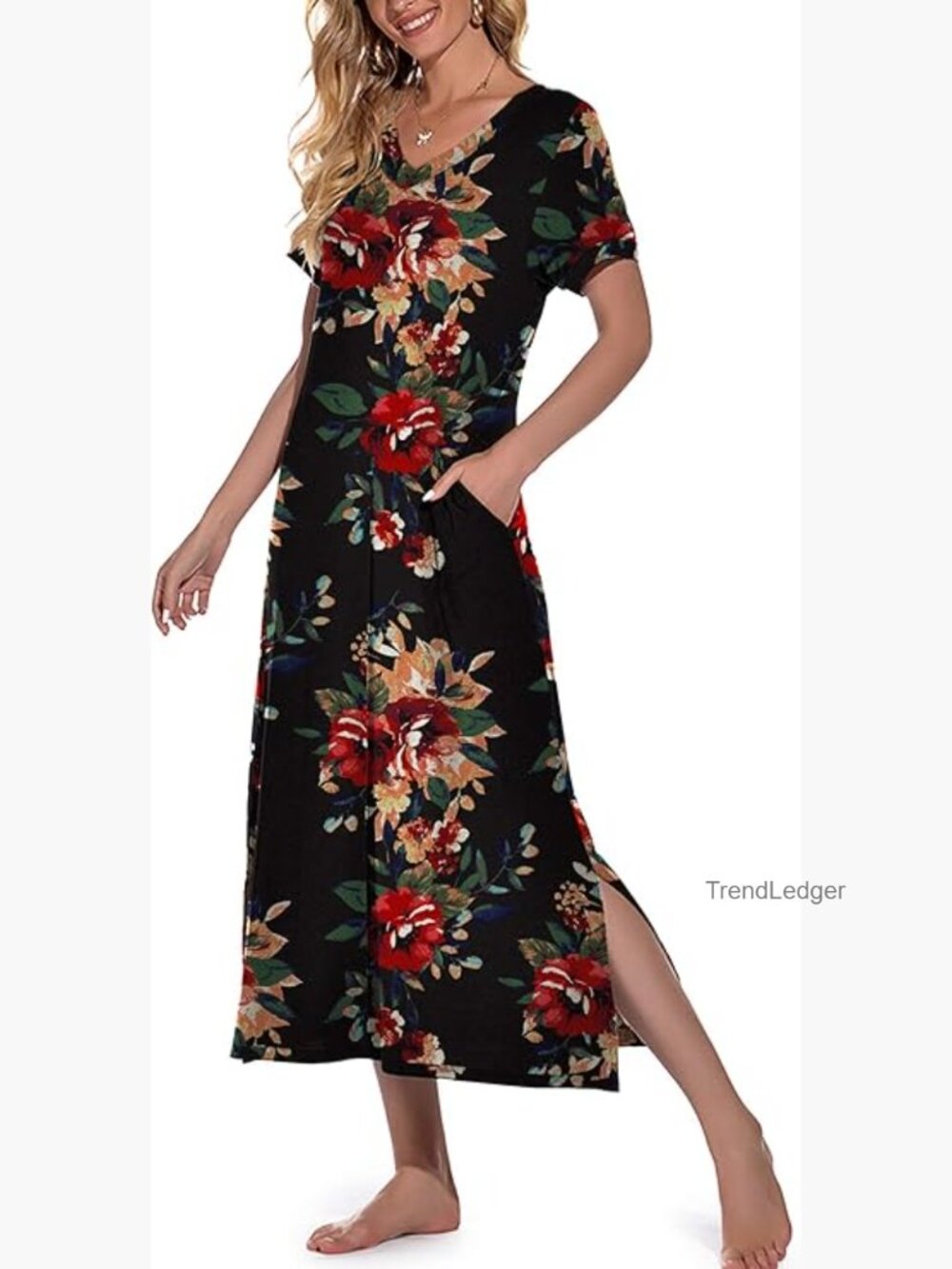 Short Sleeve V-Neck Nightgown with Pockets Soft Rayon Sleep Dress